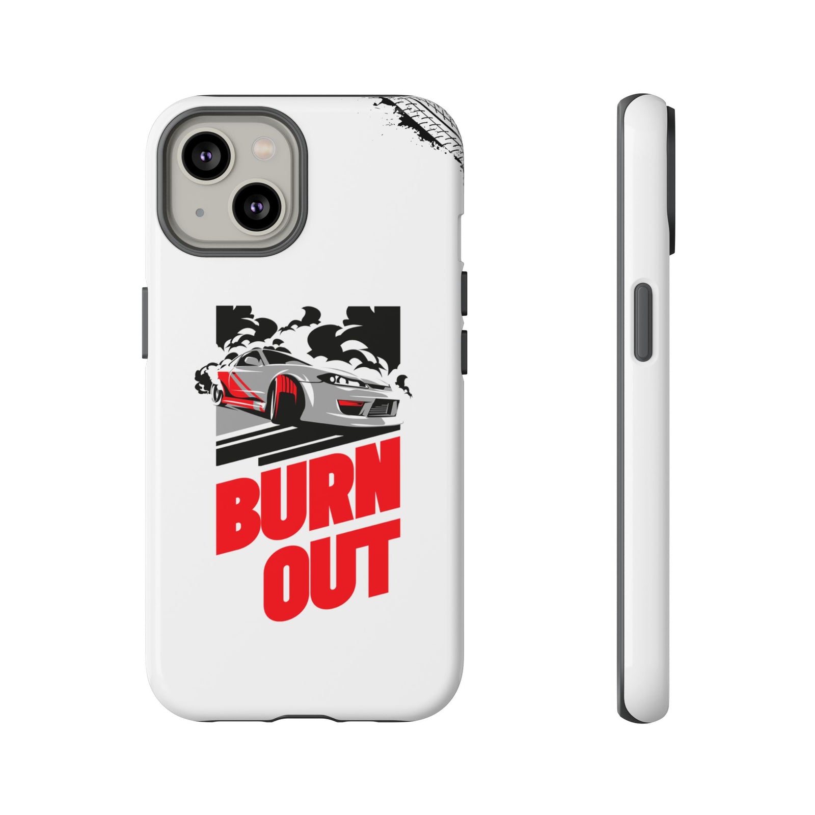 JDM Burnout Tough Car Phone Case - iPhone 14, glossy, front and side view