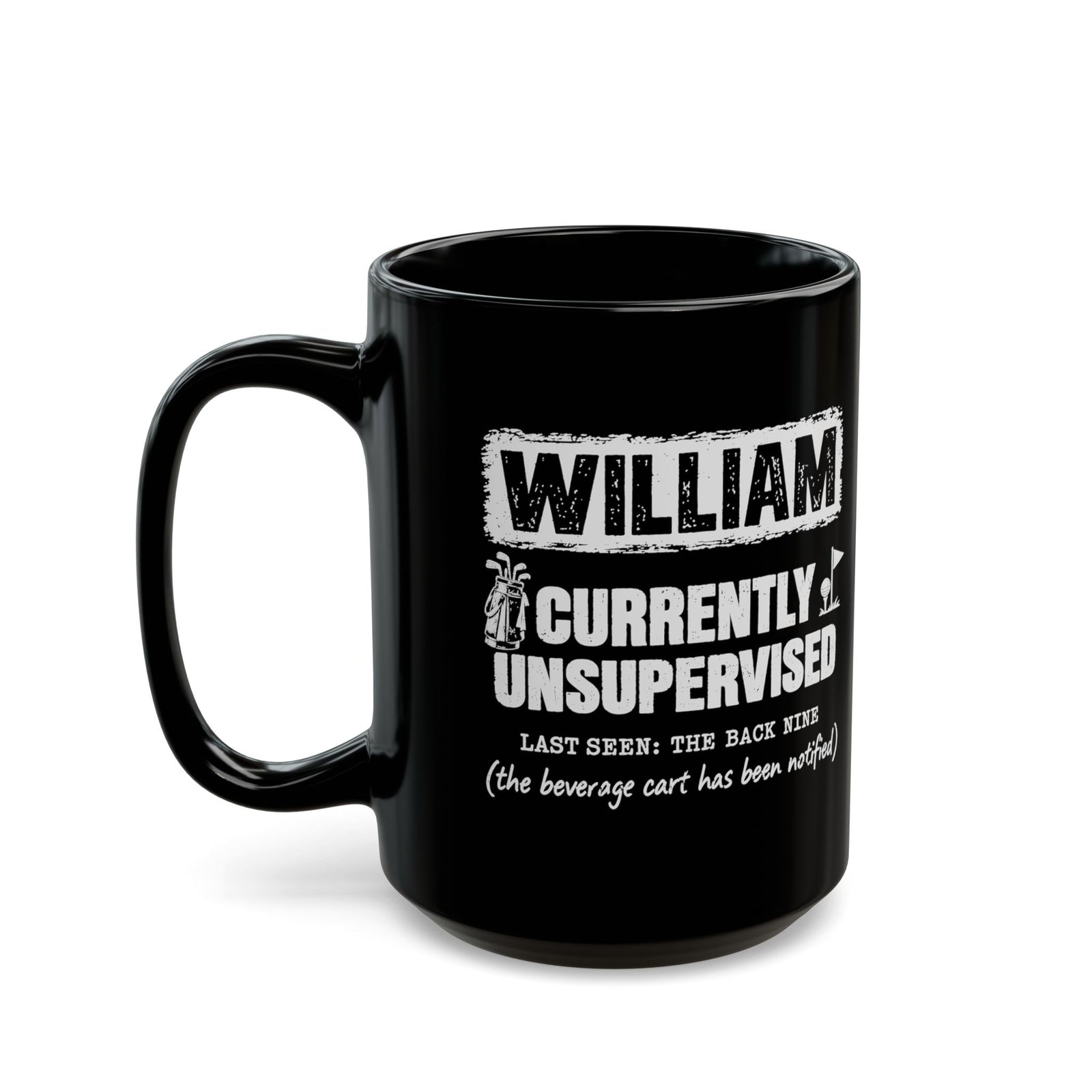 Currently Unsupervised Personalized Golf Mug - 15oz black coffee mug, handle on the left