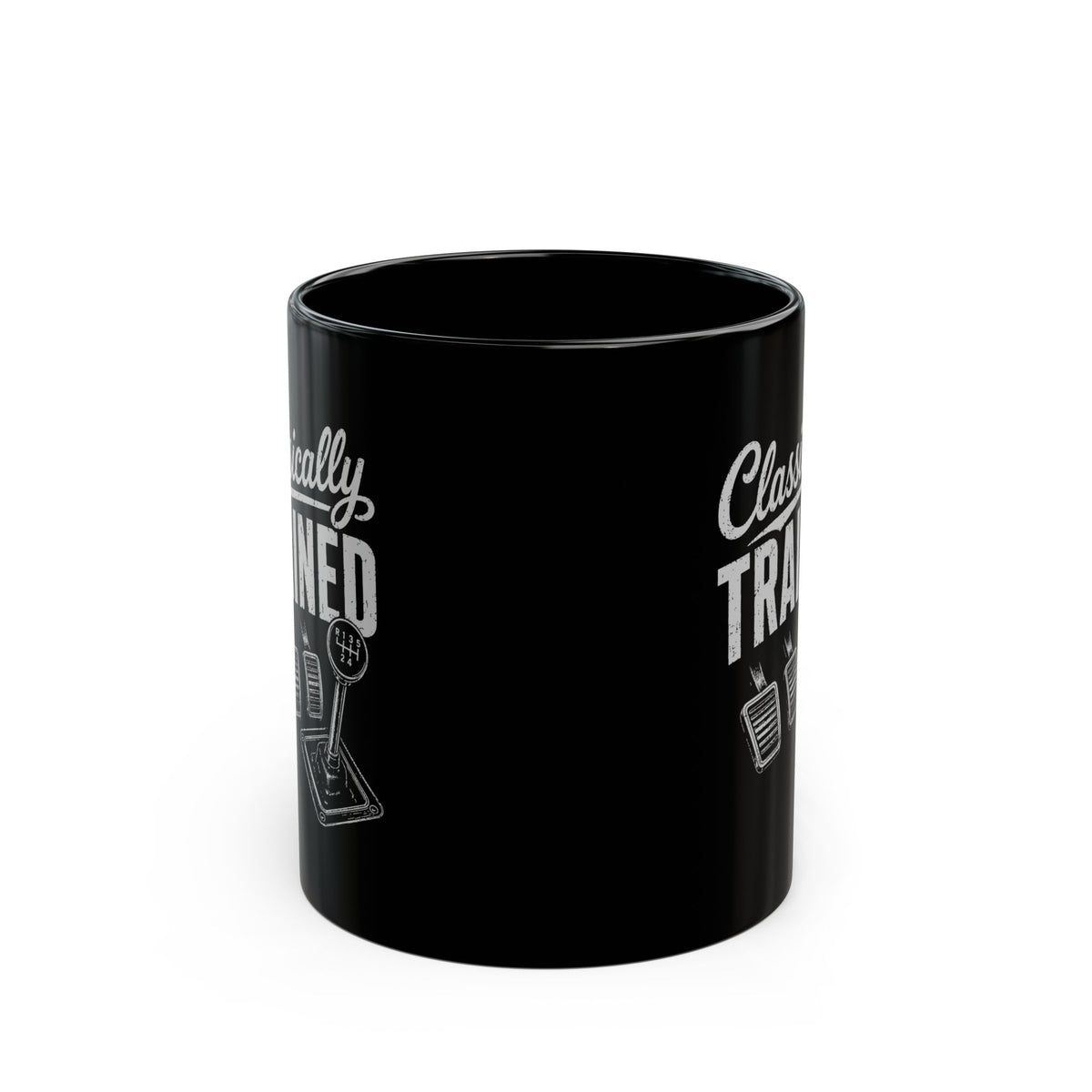Classically Trained Manual Driver Mug - 11oz black coffee mug, front view with print on both sides