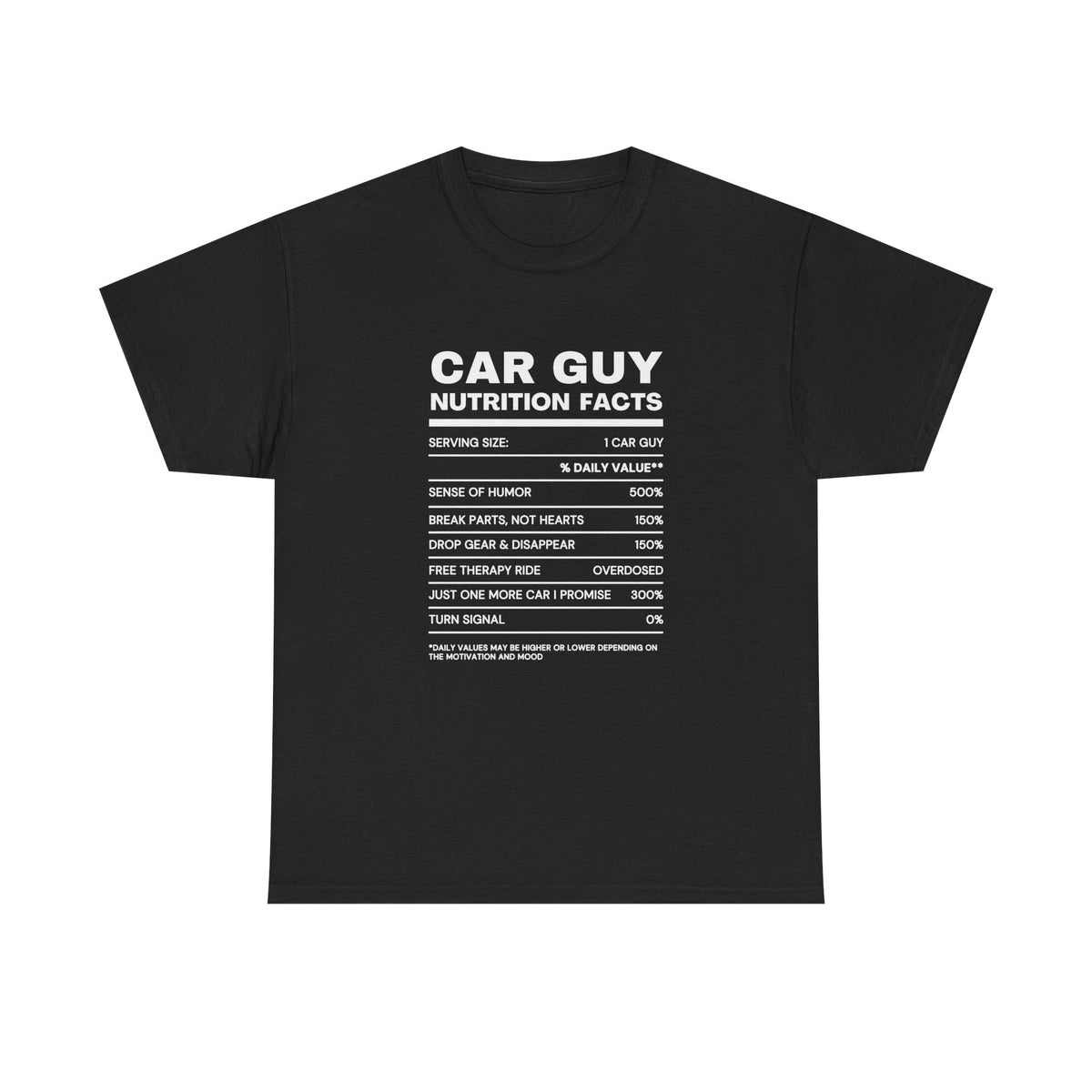 Car Guy Nutrition Facts shirt close up - car culture humor tee