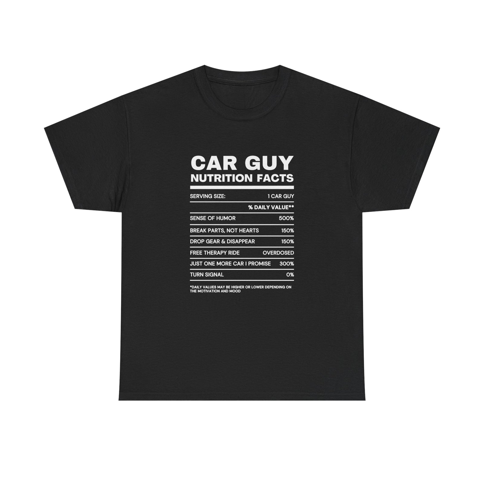 Car Guy Nutrition Facts shirt close up - car culture humor tee