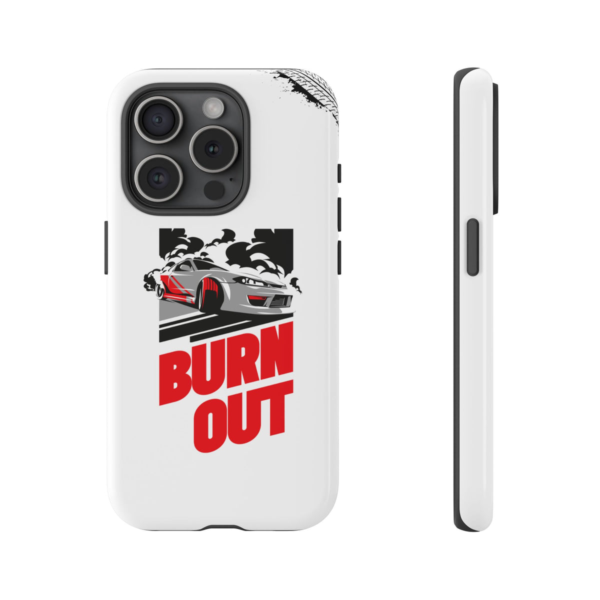 JDM Burnout Tough Car Phone Case - iPhone 15 Pro, glossy, front and side view