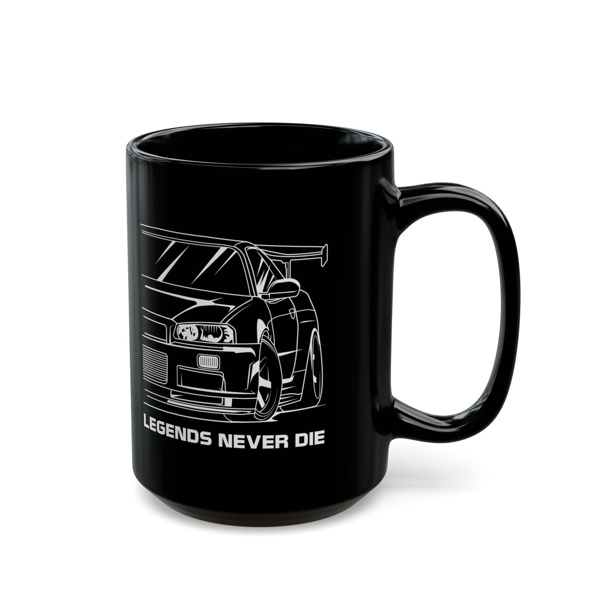 R34 Skyline GTR Legends Never Die Coffee Mug - 15oz black coffee mug, handle on the right