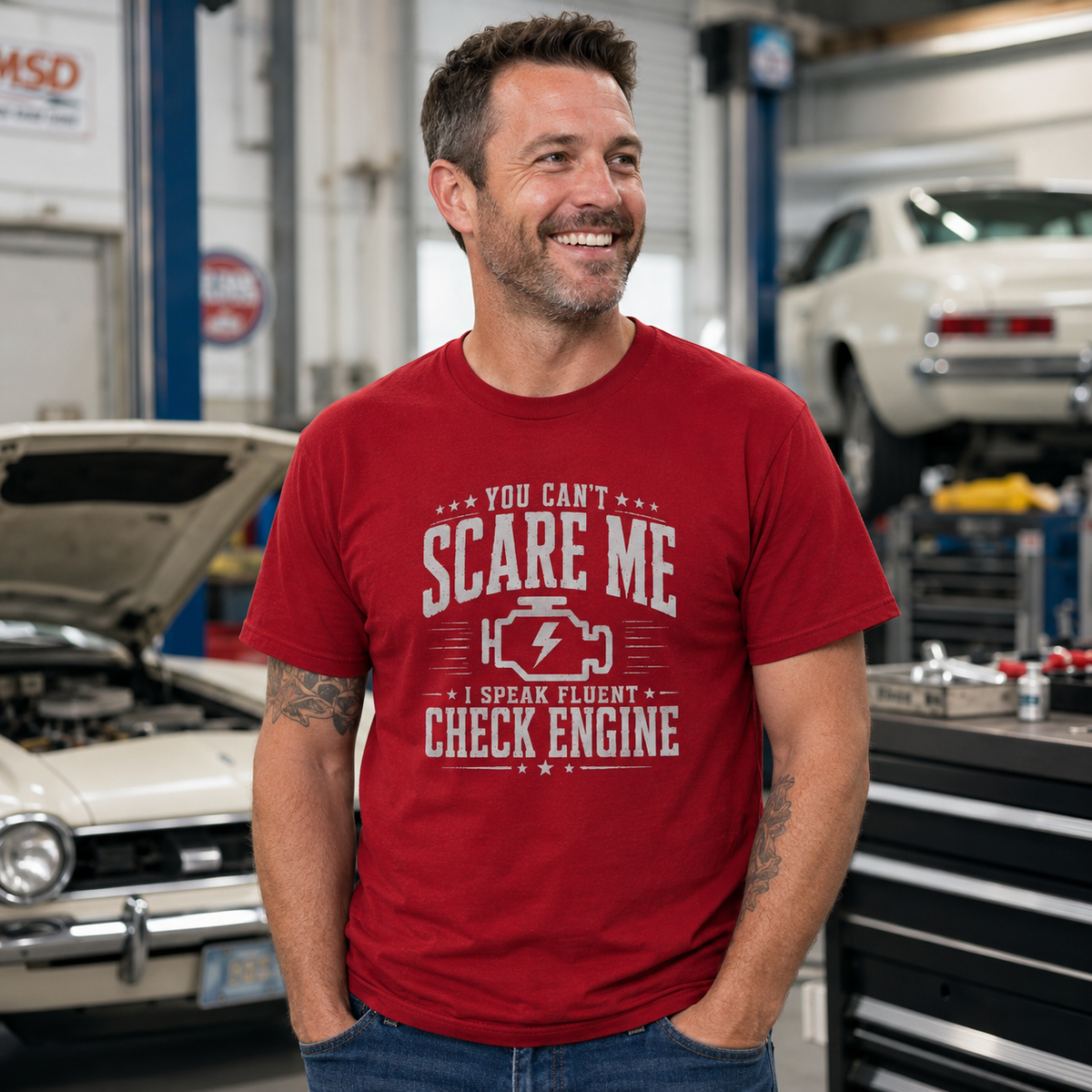 Vintage Check Engine shirt maroon | Retro garage tee | 365CarMods