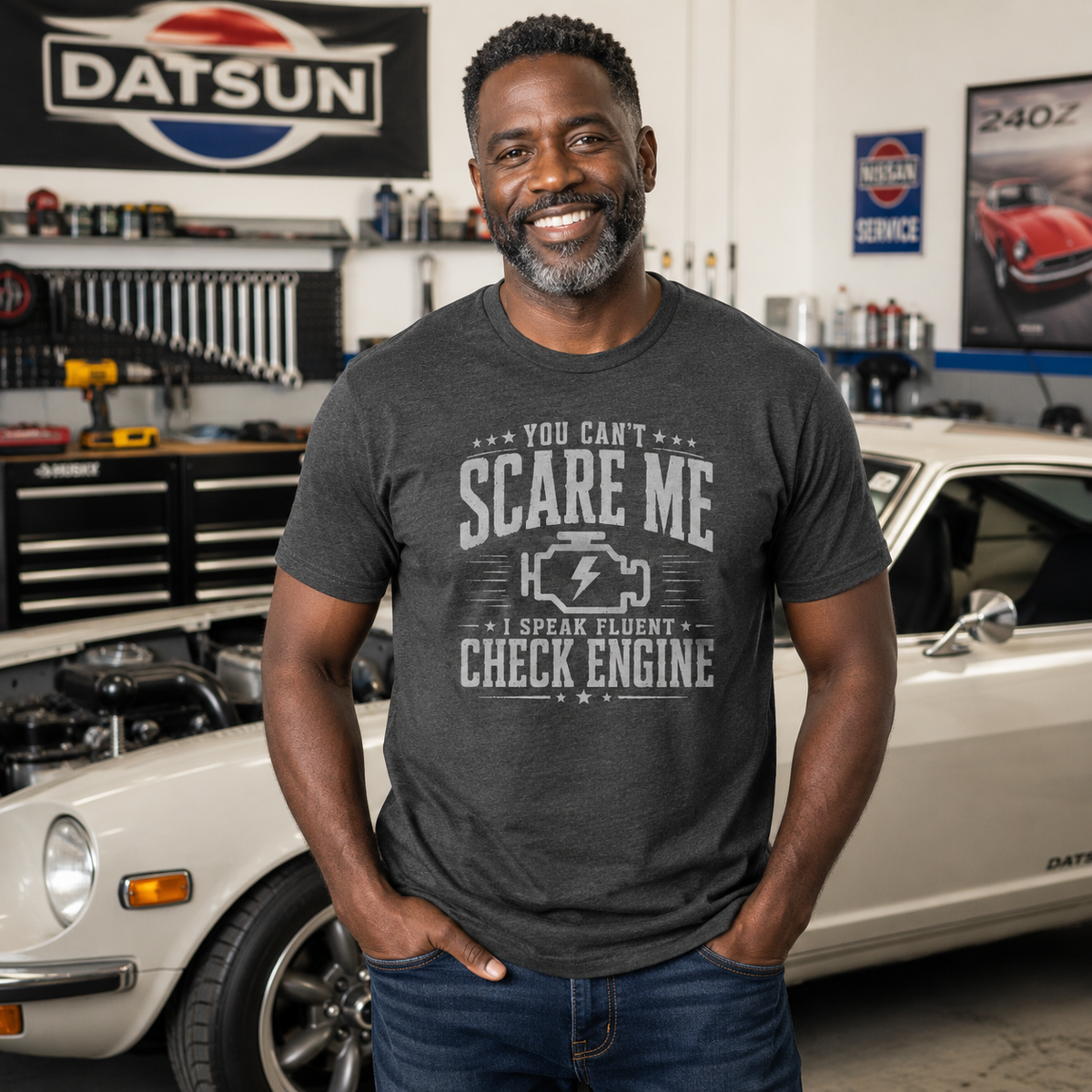 Vintage Check Engine shirt navy | Distressed car guy tee | 365CarMods
