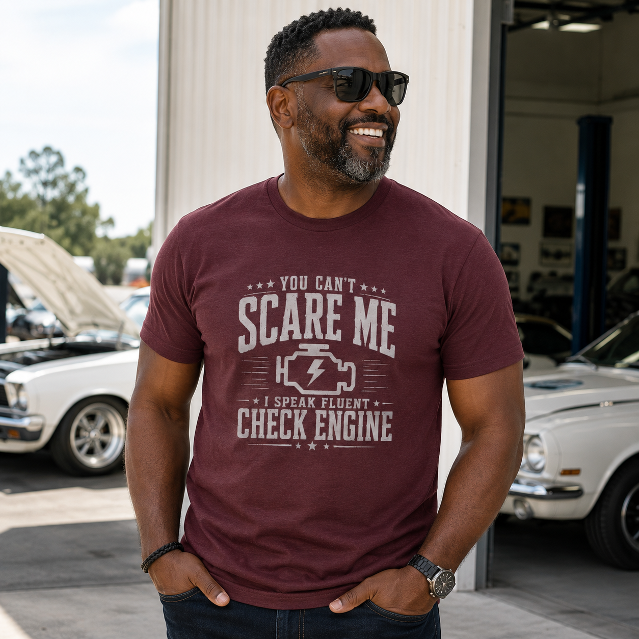 Vintage Check Engine shirt closeup print detail | Retro mechanic gift tee | 365CarMods