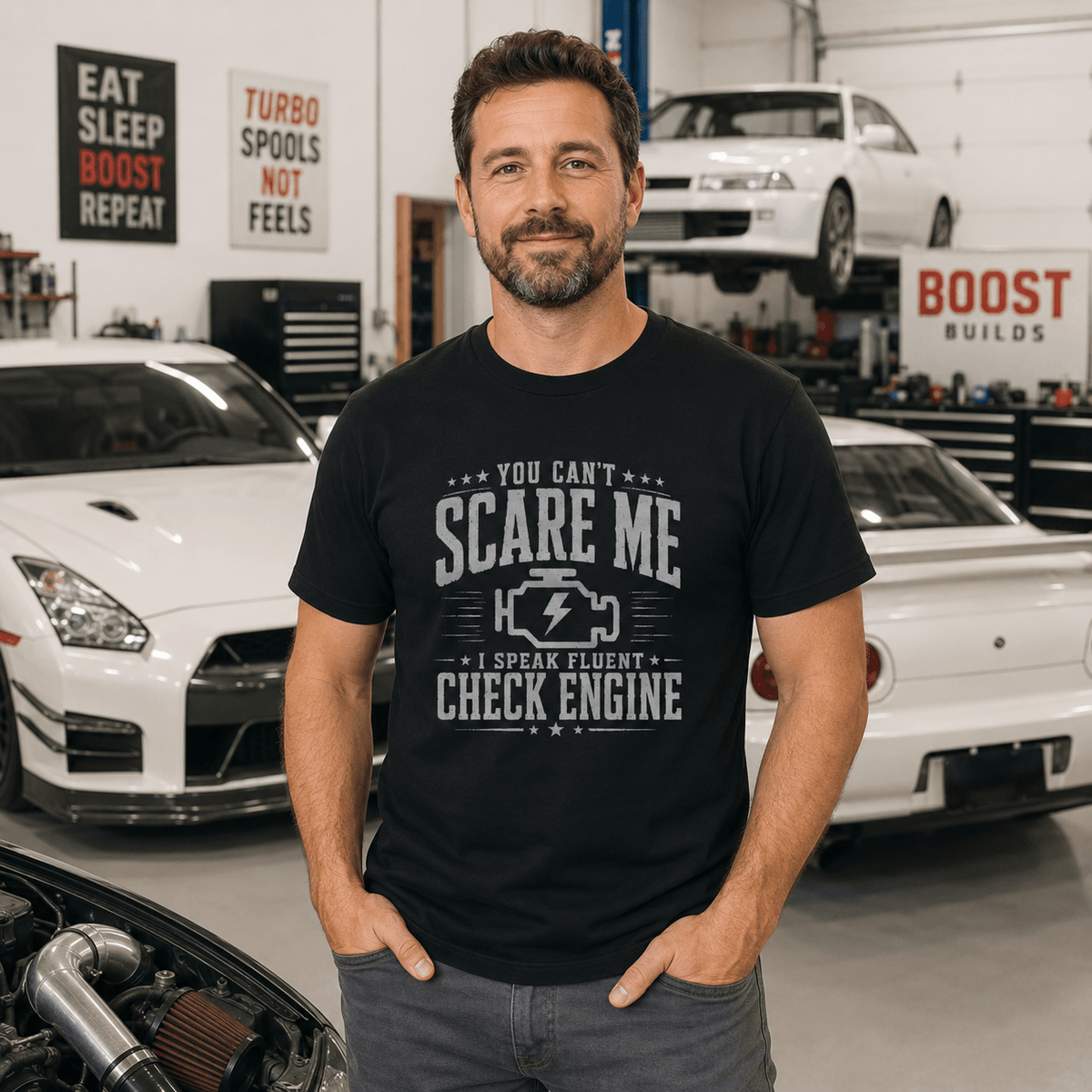 Vintage Check Engine t-shirt design print | Distressed car guy gift tee | 365CarMods