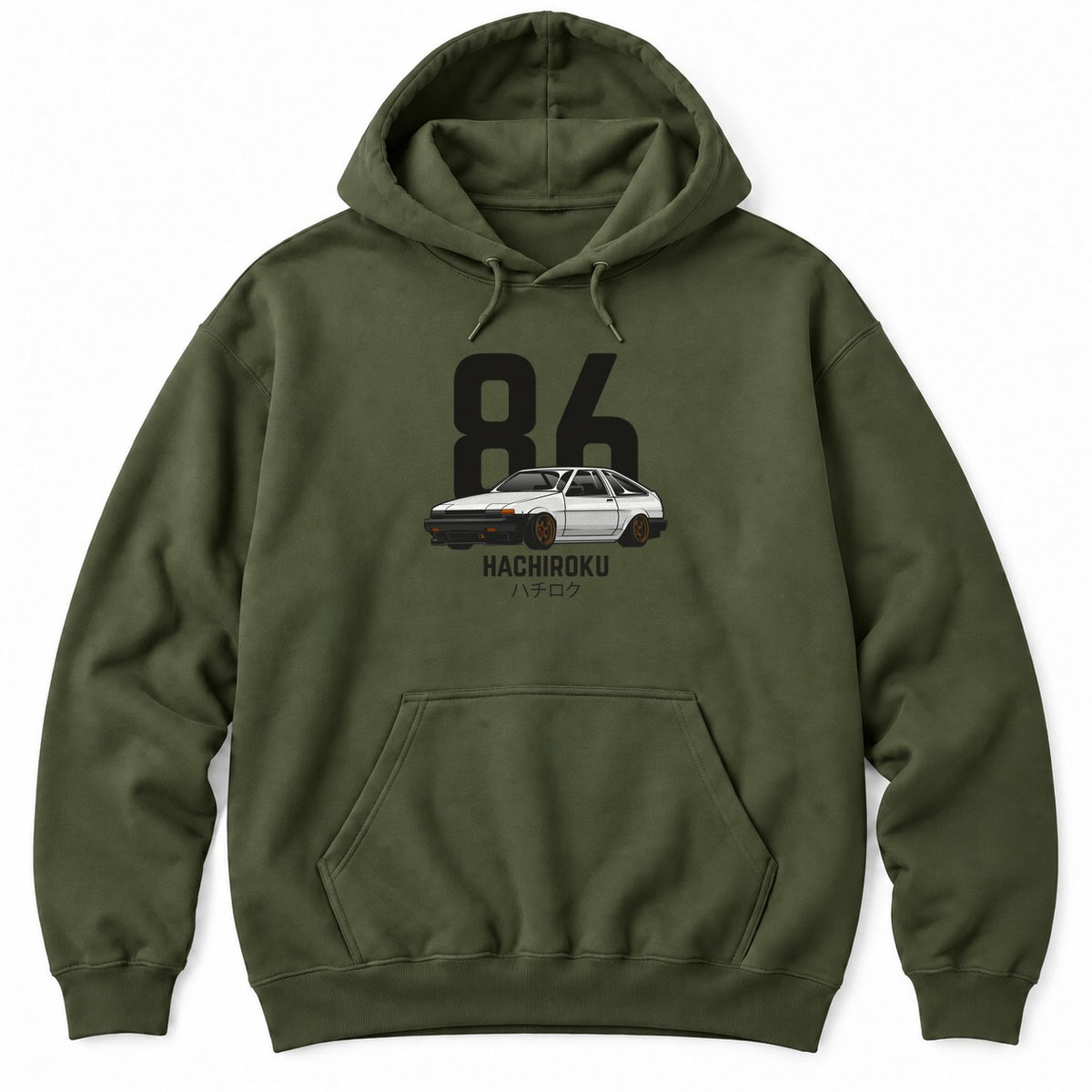 Military Green hoodie with a white 80s JDM hatchback on bronze wheels in front of giant black numbers and katakana