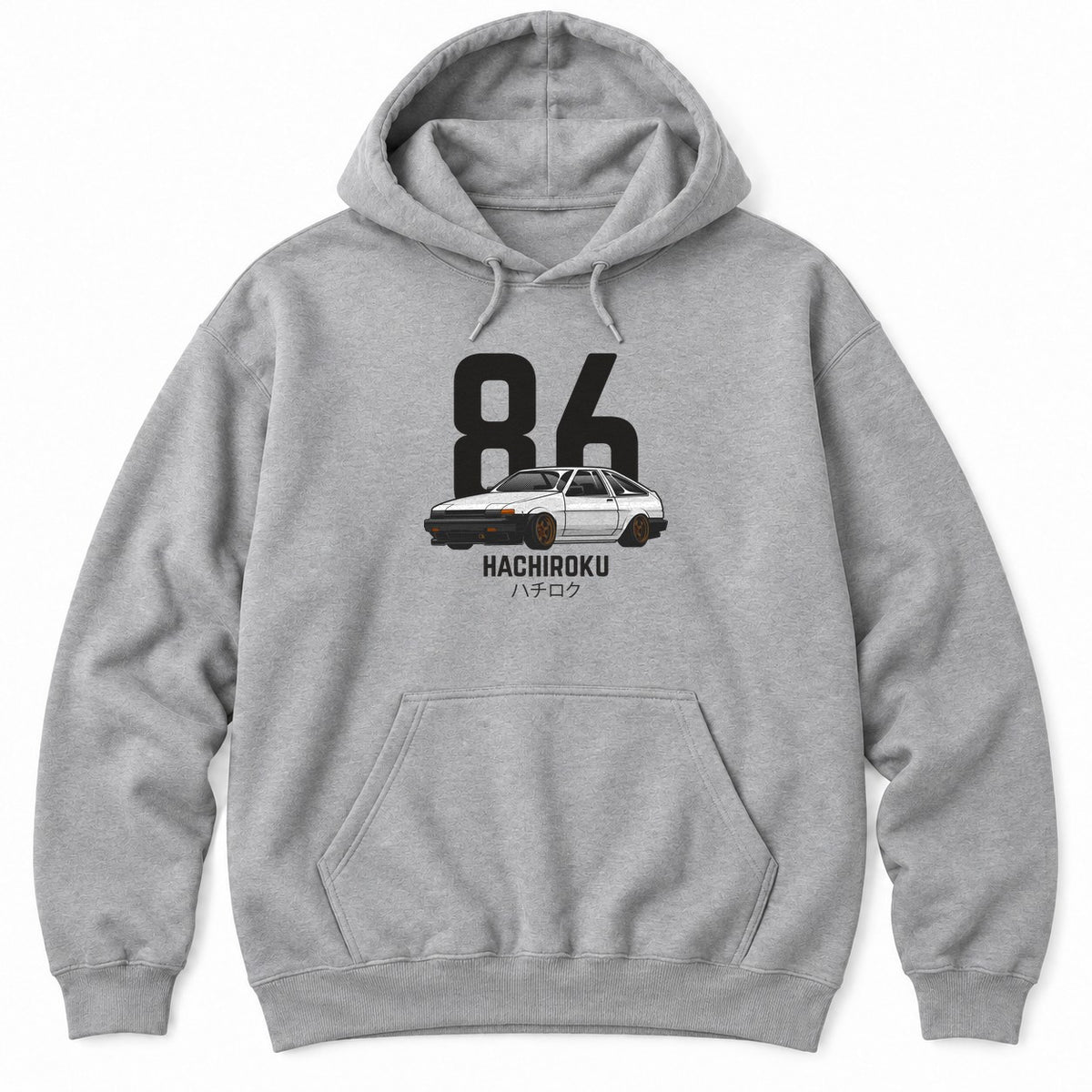 Athletic Heather hoodie with a white 80s JDM hatchback on bronze wheels in front of giant black numbers and katakana