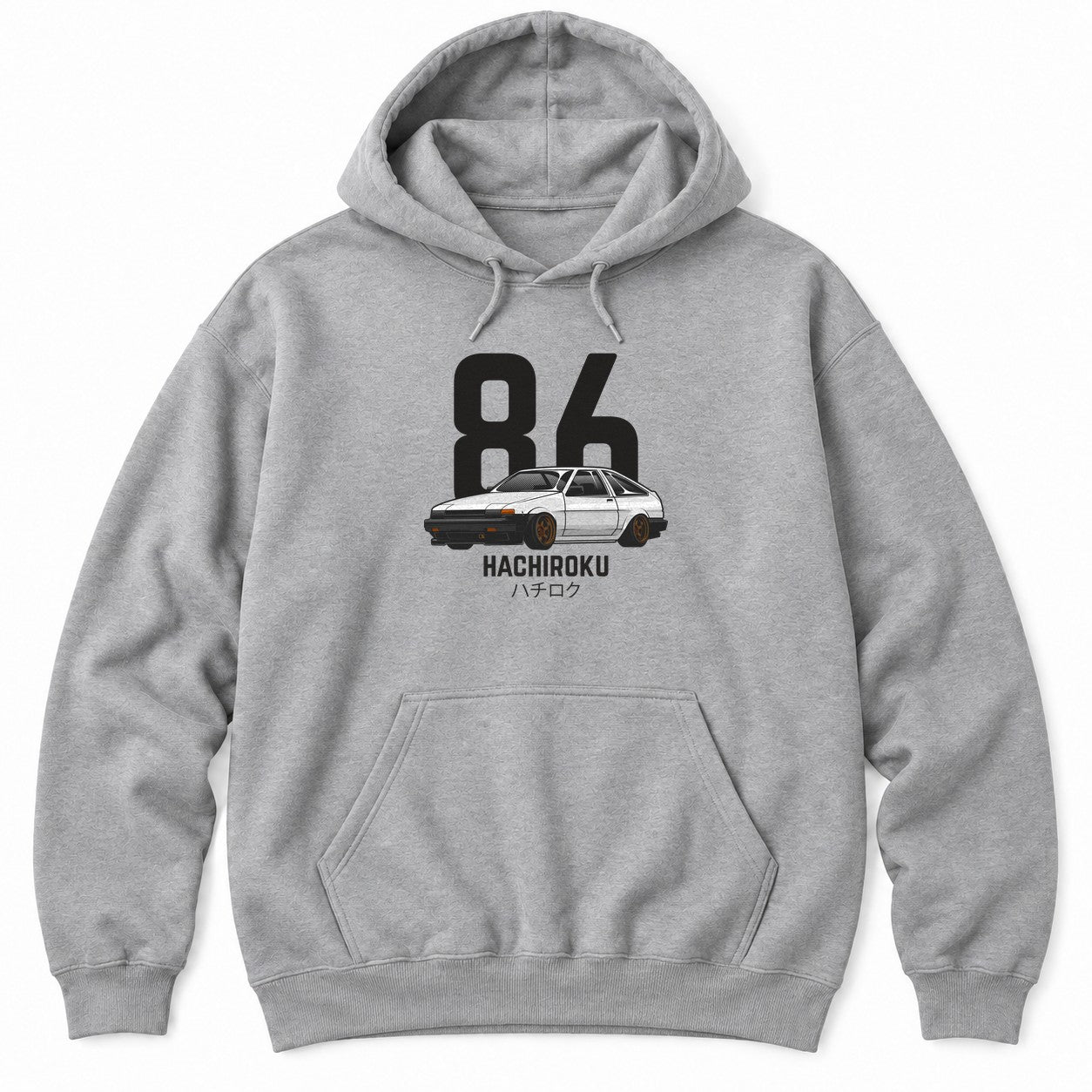 Athletic Heather hoodie with a white 80s JDM hatchback on bronze wheels in front of giant black numbers and katakana