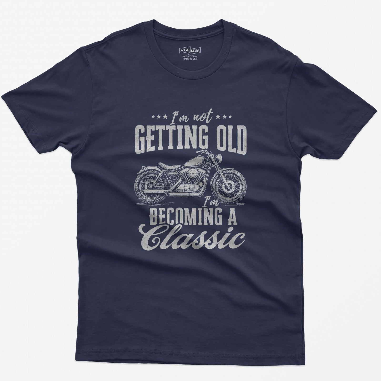 Heather Navy t-shirt with vintage cruiser motorcycle drawing and the text I'm Not Getting Old I'm Becoming a Classic