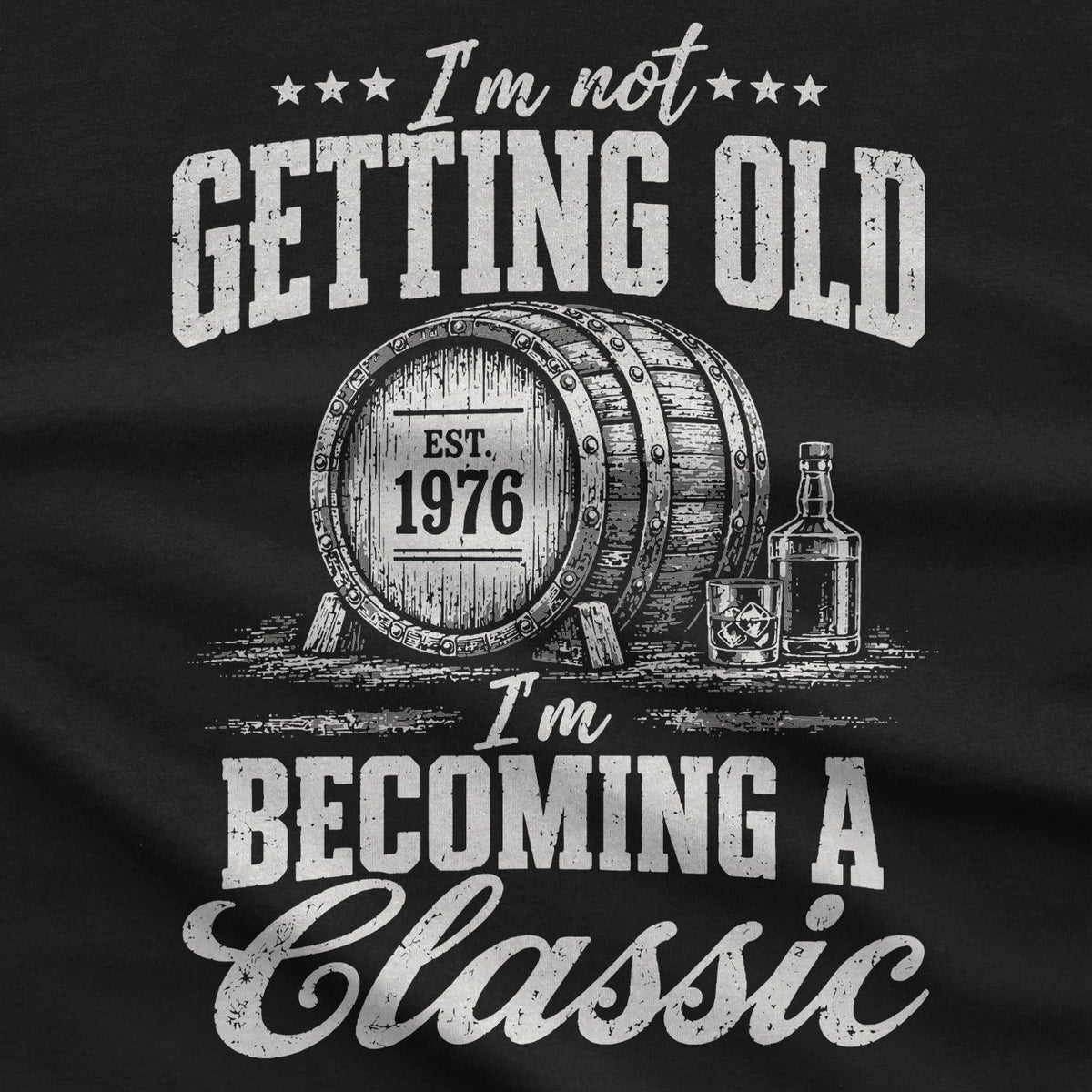 Close-up of the Becoming A Classic print: a whiskey barrel with EST. and an example birth year, a bottle and a rocks glass
