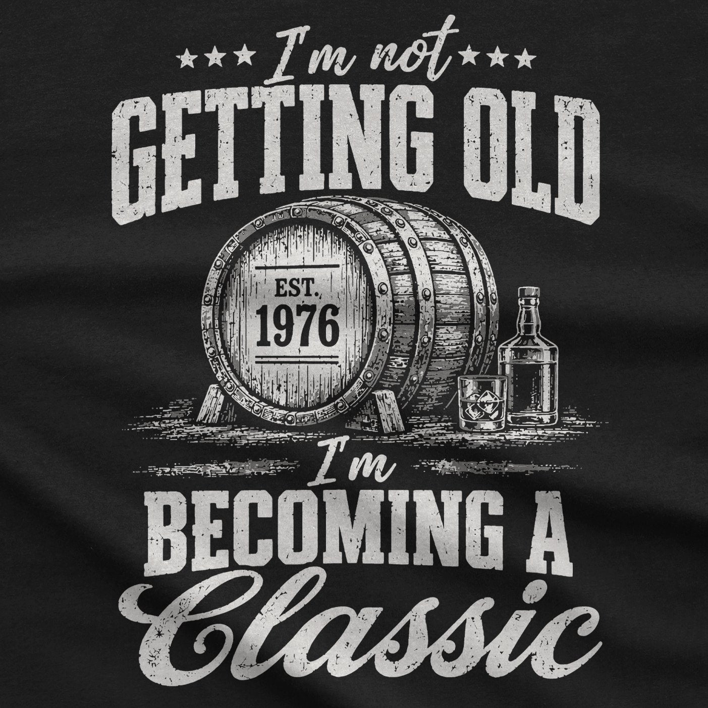 Close-up of the Becoming A Classic print: a whiskey barrel with EST. and an example birth year, a bottle and a rocks glass