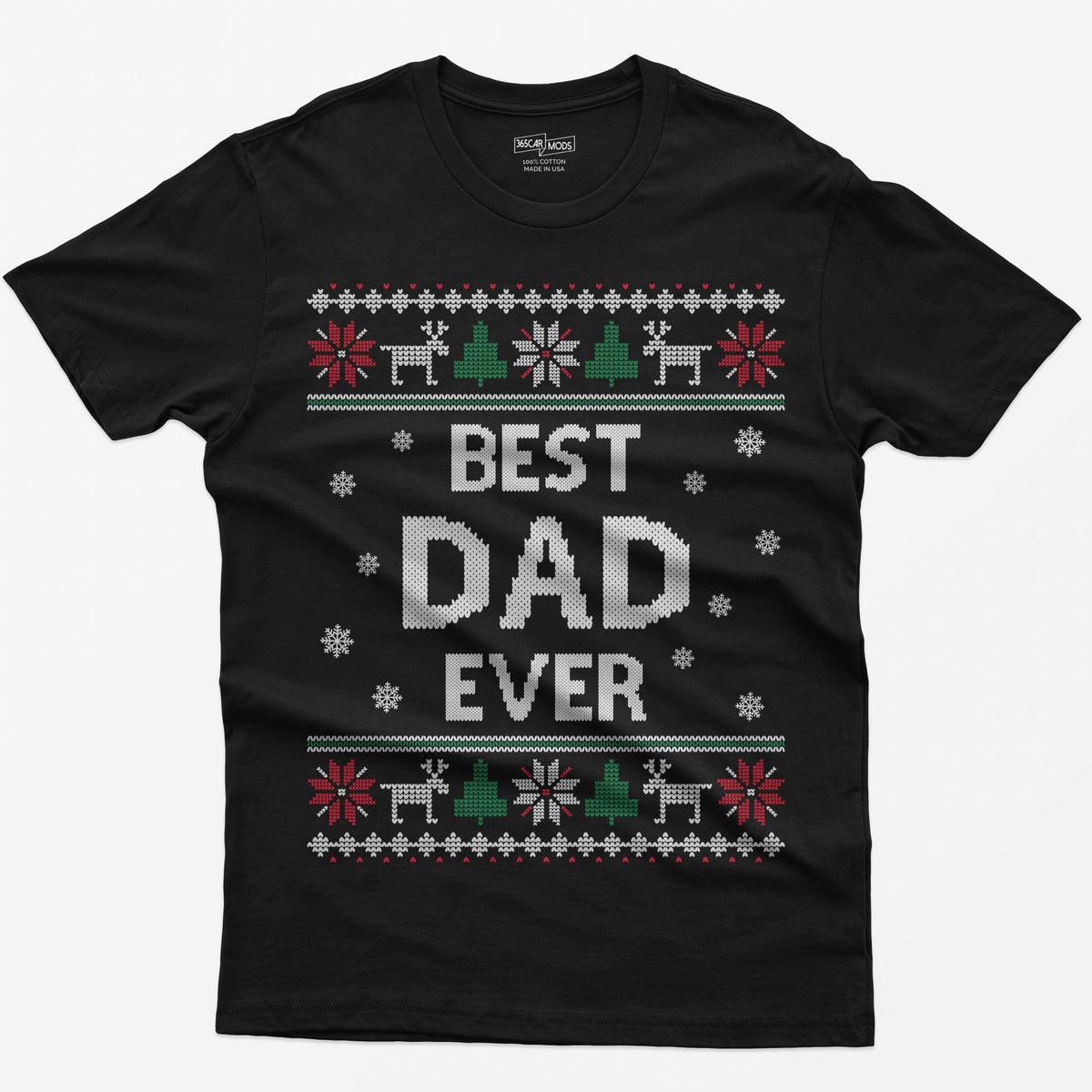 Black t-shirt with knit-style Best Dad Ever print framed by reindeer, Christmas trees, poinsettias and snowflakes