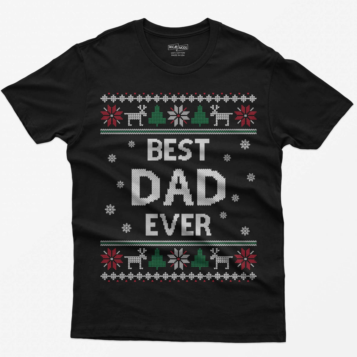 Black t-shirt with knit-style Best Dad Ever print framed by reindeer, Christmas trees, poinsettias and snowflakes