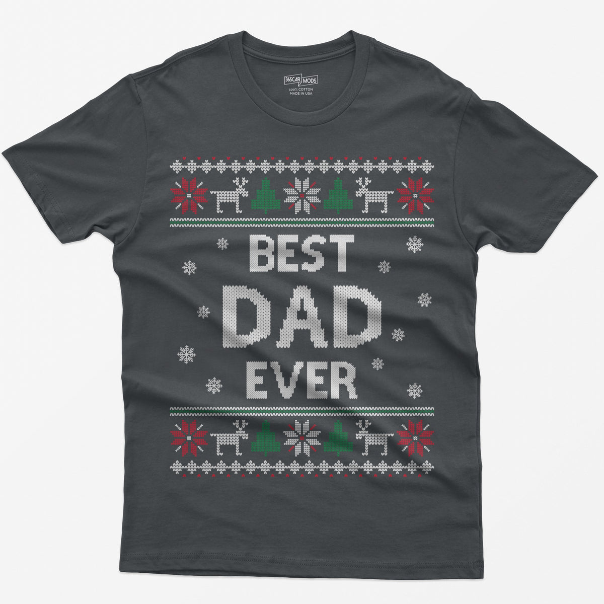 Charcoal t-shirt with knit-style Best Dad Ever print framed by reindeer, Christmas trees, poinsettias and snowflakes