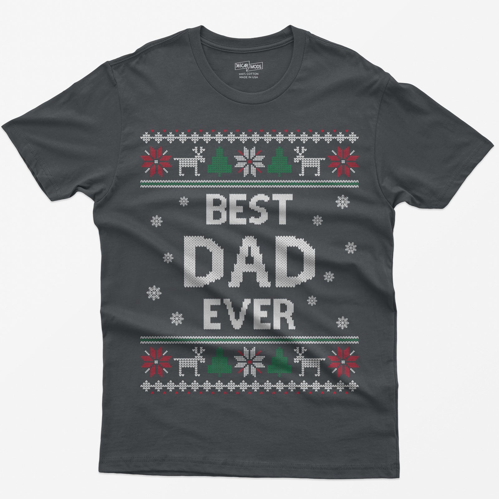 Charcoal t-shirt with knit-style Best Dad Ever print framed by reindeer, Christmas trees, poinsettias and snowflakes