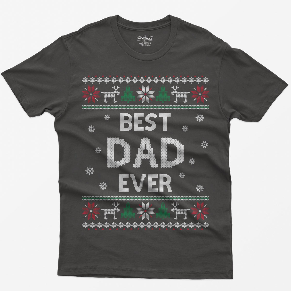 Dark Heather t-shirt with knit-style Best Dad Ever print framed by reindeer, Christmas trees, poinsettias and snowflakes