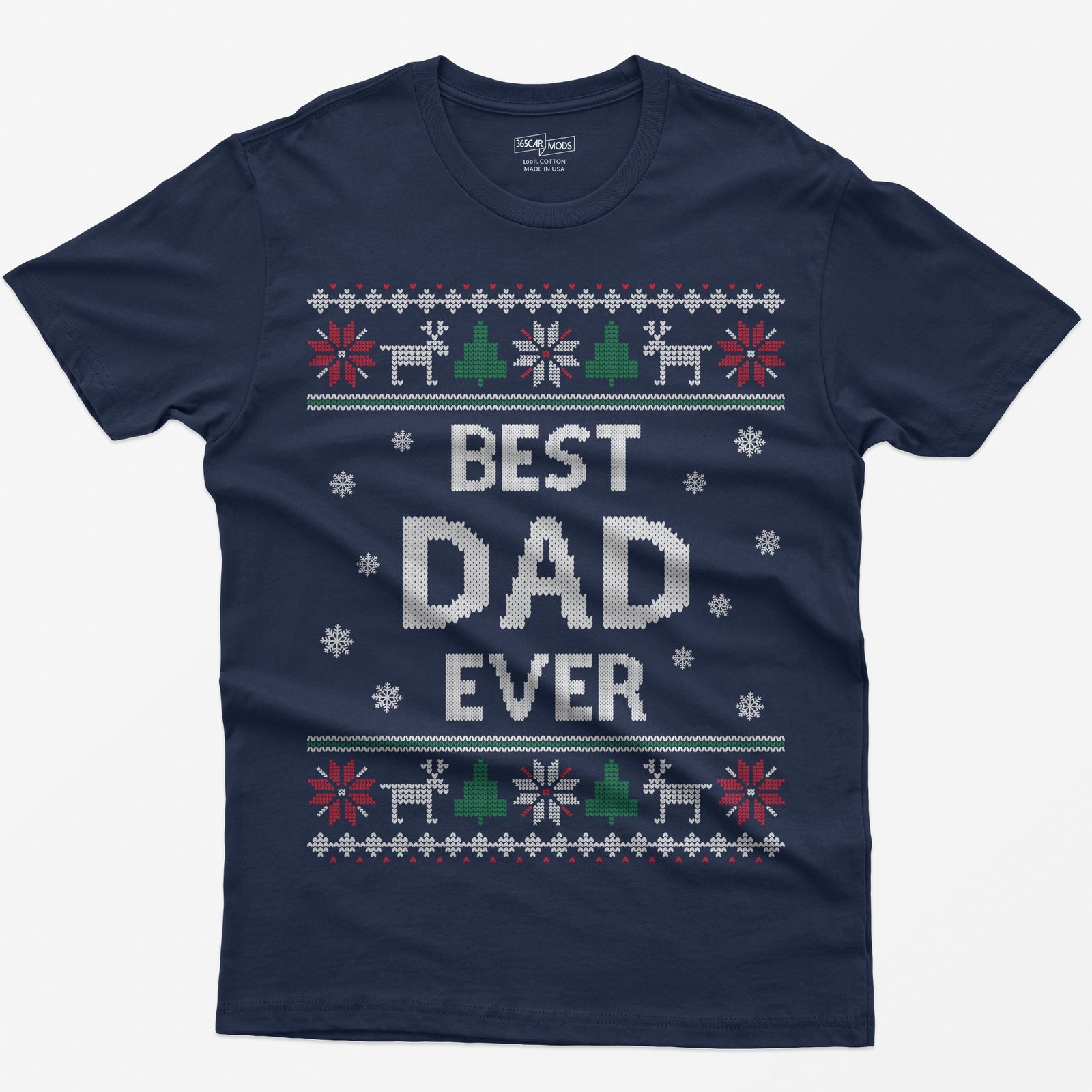 Navy t-shirt with knit-style Best Dad Ever print framed by reindeer, Christmas trees, poinsettias and snowflakes