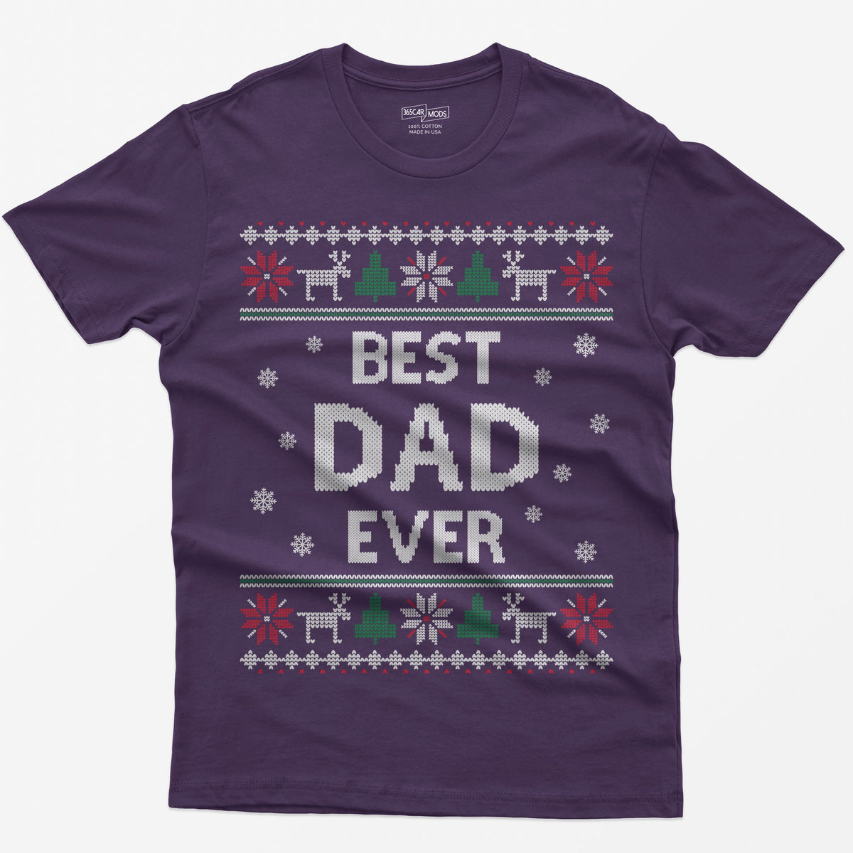 Purple t-shirt with knit-style Best Dad Ever print framed by reindeer, Christmas trees, poinsettias and snowflakes