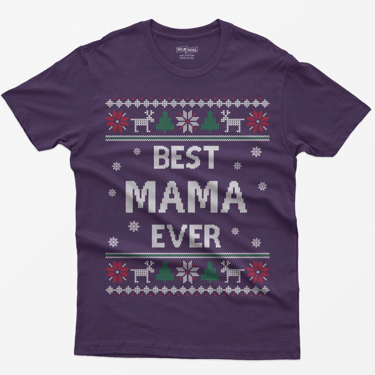 Purple t-shirt with knit-style Best Mama Ever print framed by reindeer, Christmas trees, poinsettias and snowflakes