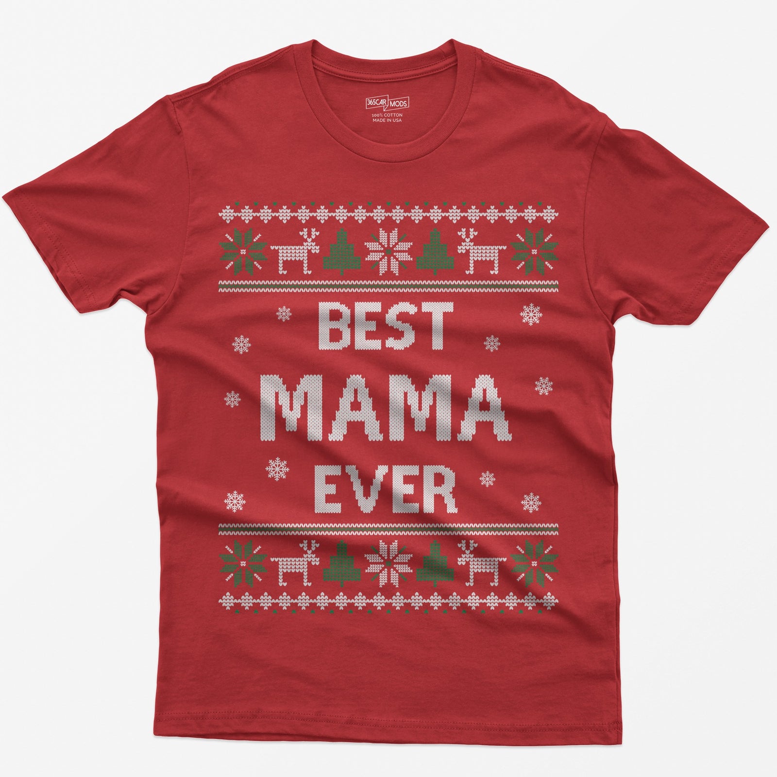 Red t-shirt with knit-style Best Mama Ever print framed by reindeer, Christmas trees, poinsettias and snowflakes
