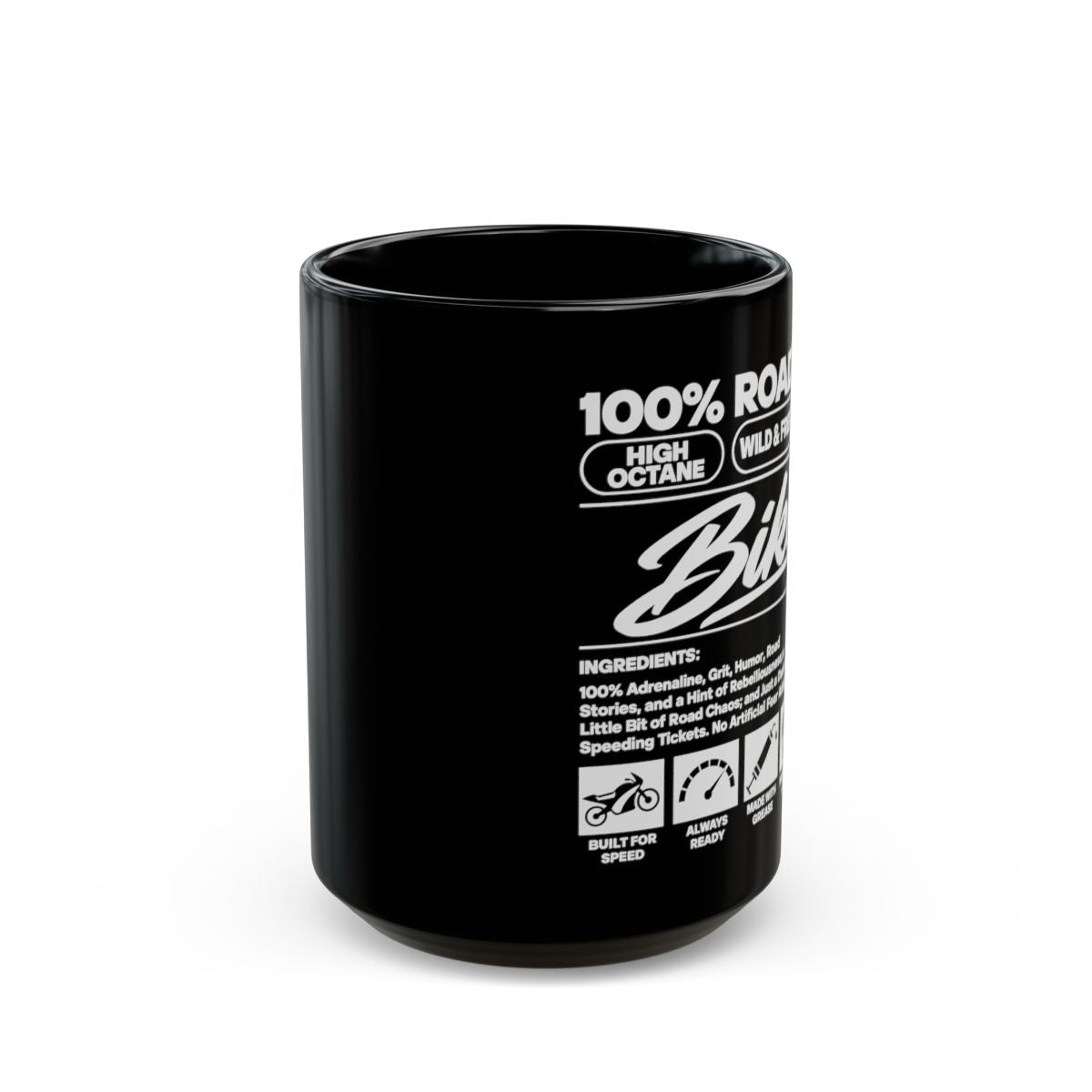 Biker Ingredients Label Coffee Mug - 15oz black coffee mug, front view