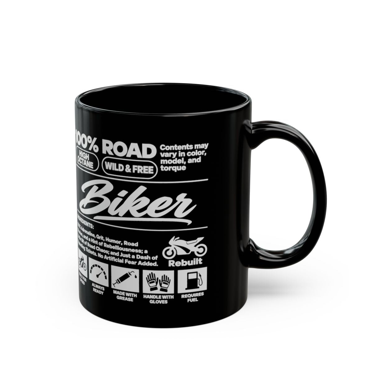 Biker Ingredients Label Coffee Mug - 11oz black coffee mug, handle on the right