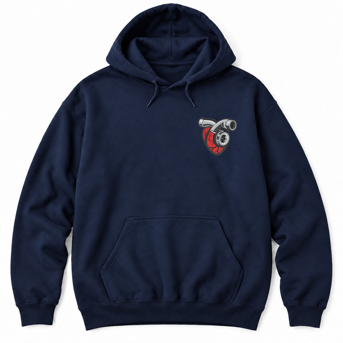 Navy hoodie with a red anatomical heart fitted with a chrome turbocharger and intake pipe