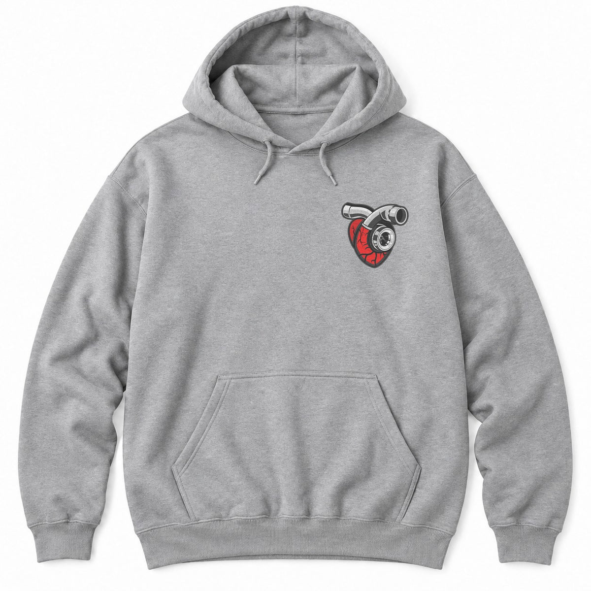 Sport Grey hoodie with a red anatomical heart fitted with a chrome turbocharger and intake pipe