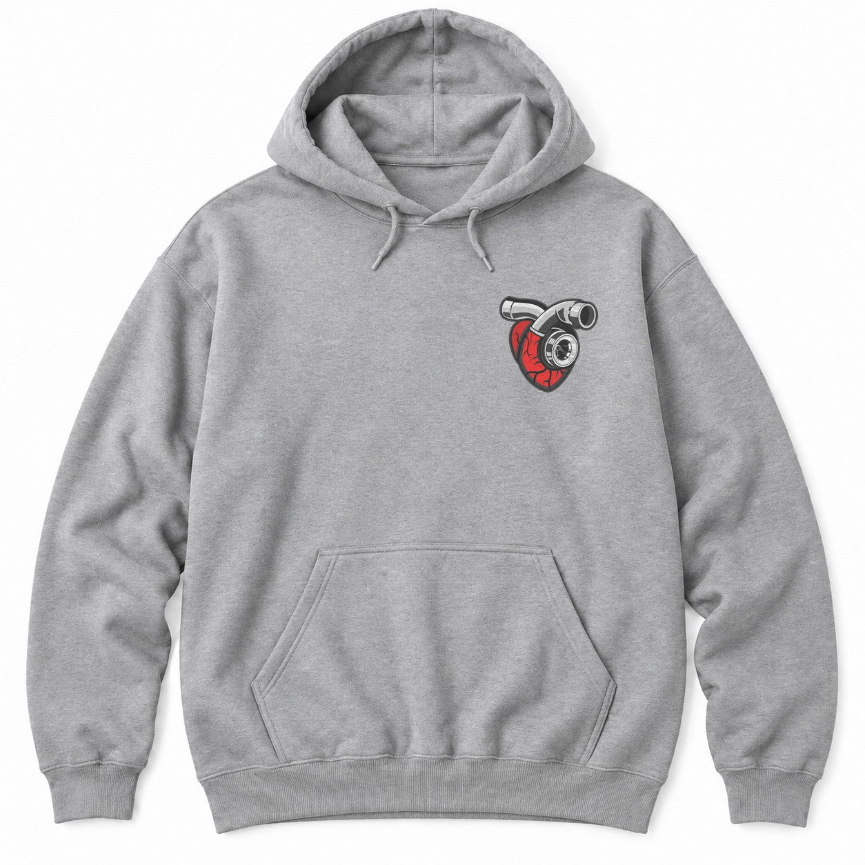 Sport Grey hoodie with a red anatomical heart fitted with a chrome turbocharger and intake pipe