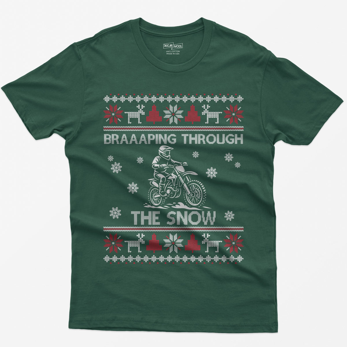 Braaaping Through the Snow Dirt Bike Christmas T-Shirt - Forest Green