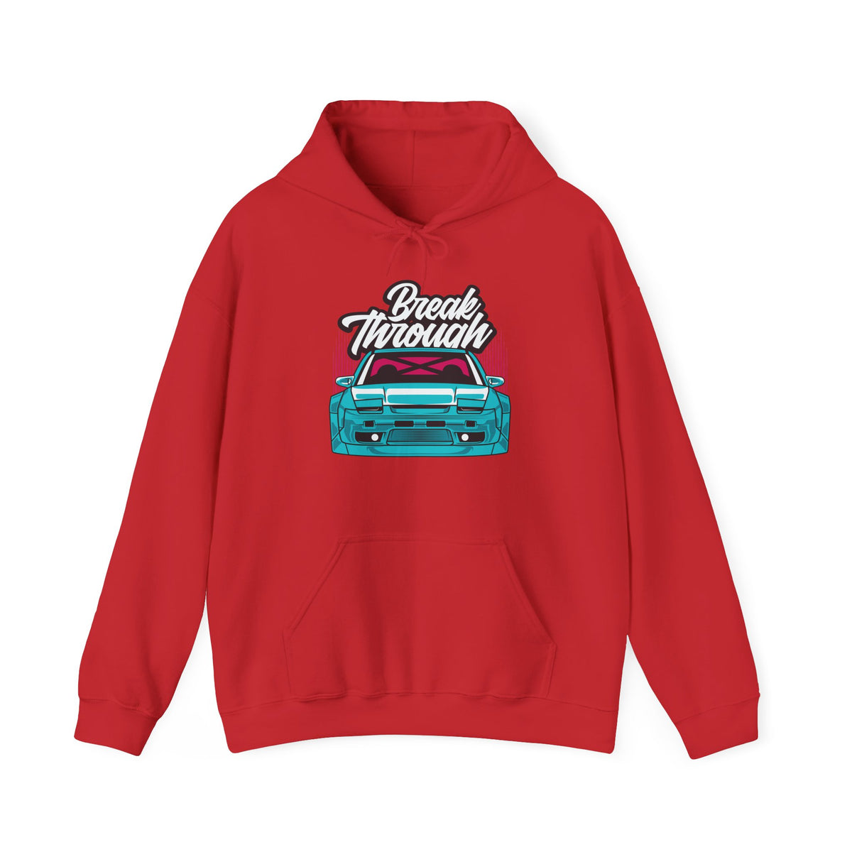 Red hoodie with a teal JDM drift coupe front view under a Break Through script logo