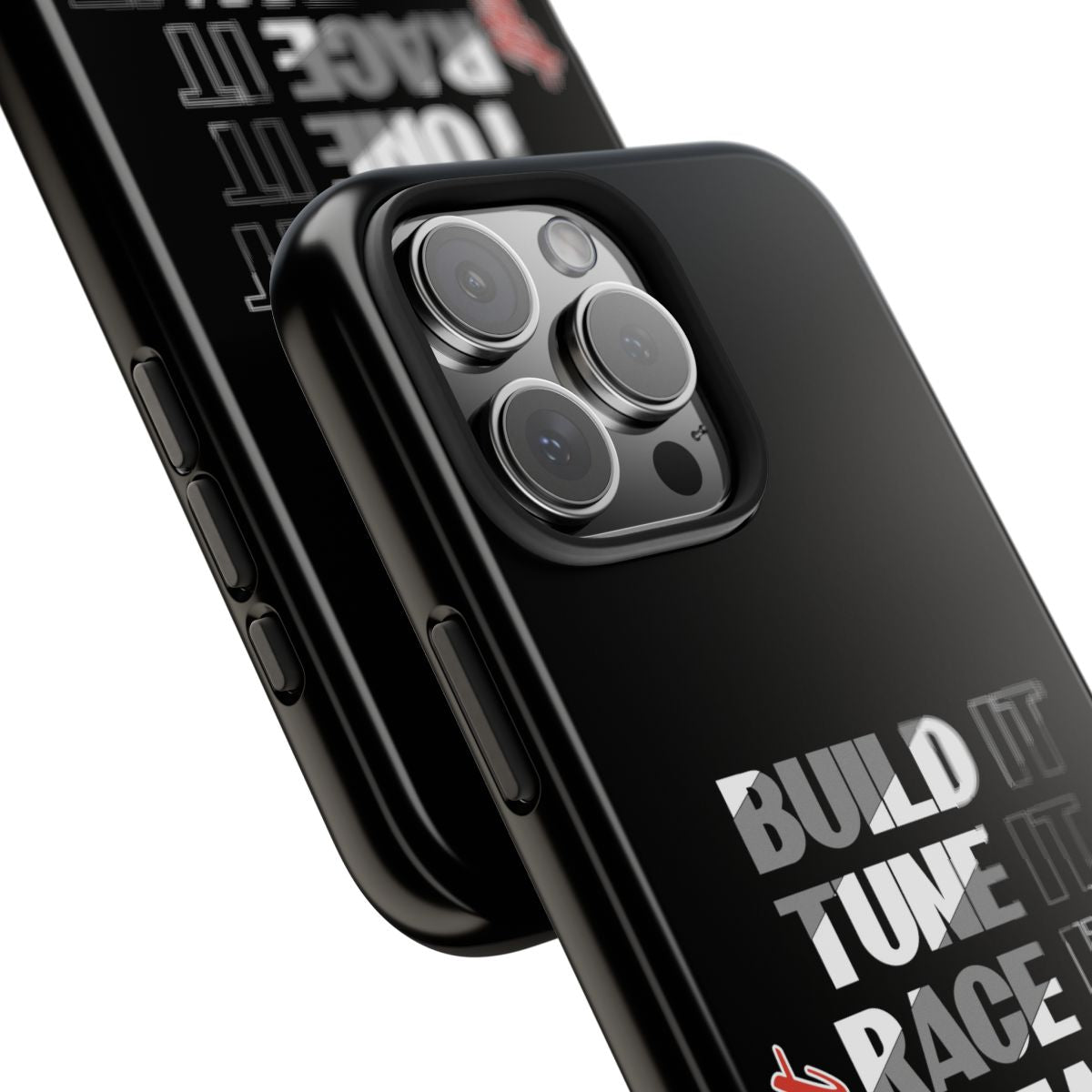 Build It Tune It Race It Break It Fix It Repeat tough phone case, close-up of the print