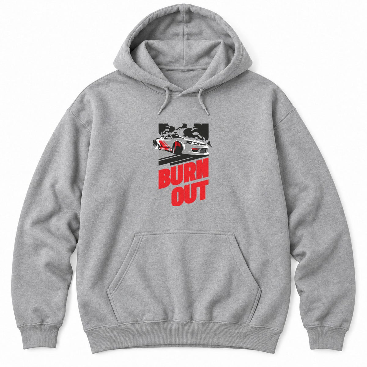 Athletic Heather hoodie with a white JDM drift car sliding through black tire smoke above bold red BURN OUT lettering