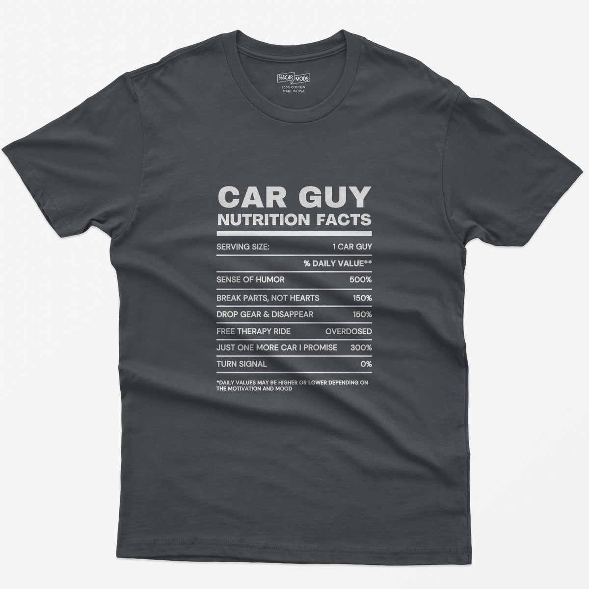 Car Guy Nutrition Facts Funny Cotton T-Shirt - Charcoal