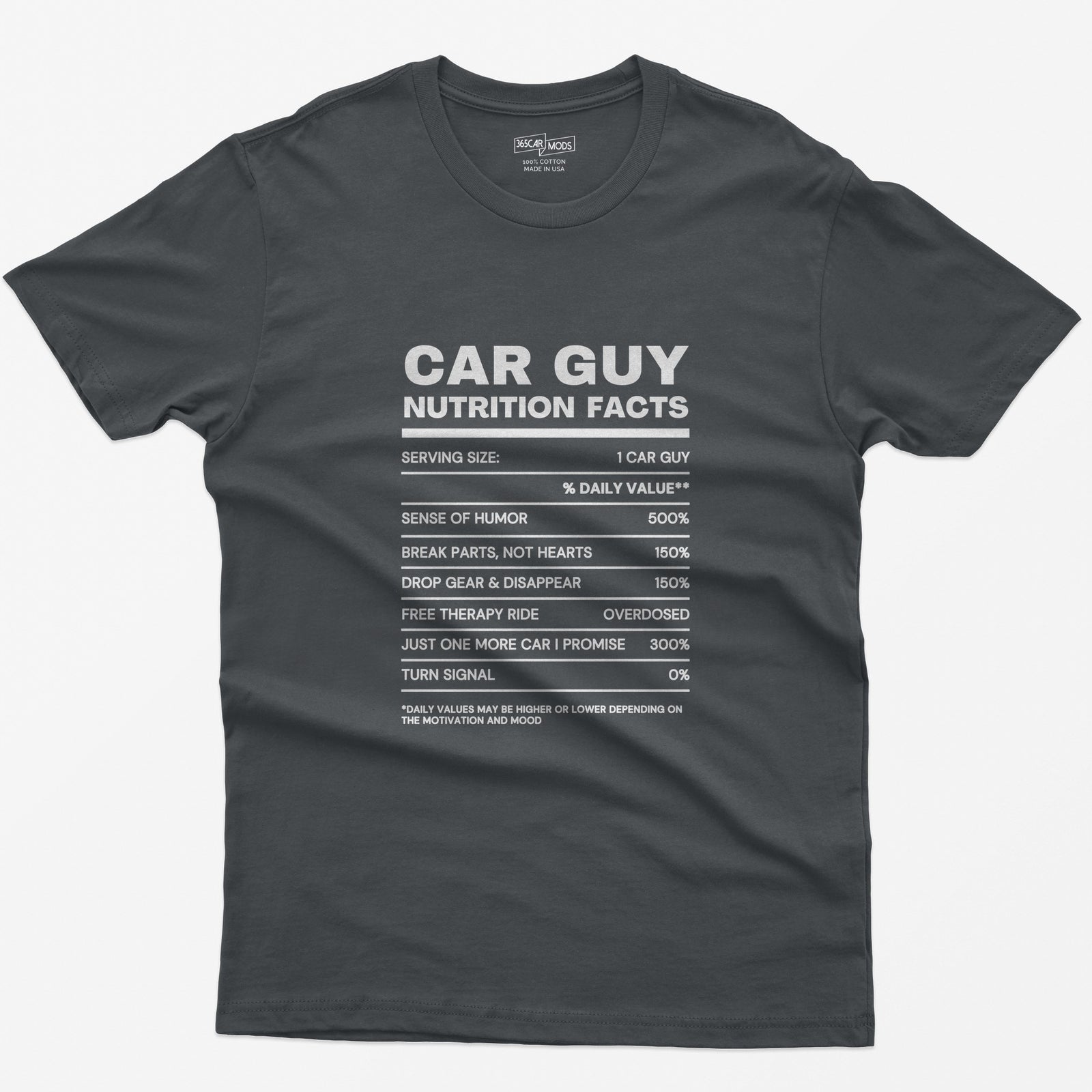 Car Guy Nutrition Facts Funny Cotton T-Shirt - Charcoal