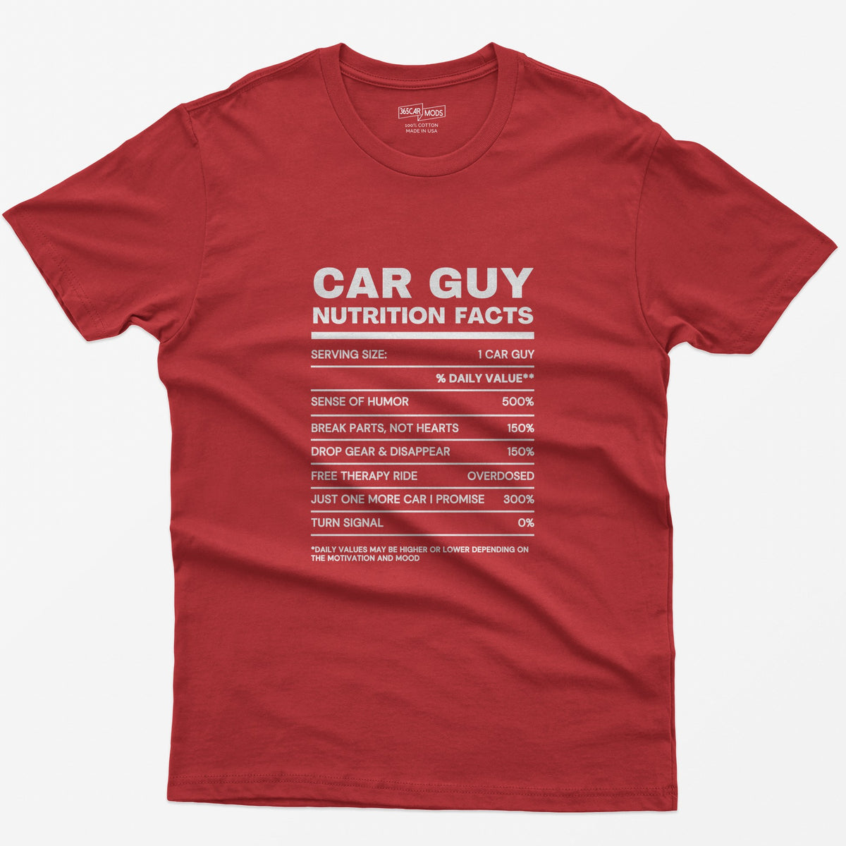 Car Guy Nutrition Facts Funny Cotton T-Shirt - Red