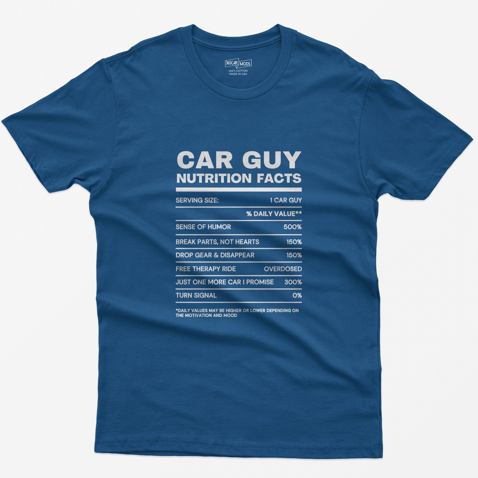 Car Guy Nutrition Facts Funny Cotton T-Shirt - Royal