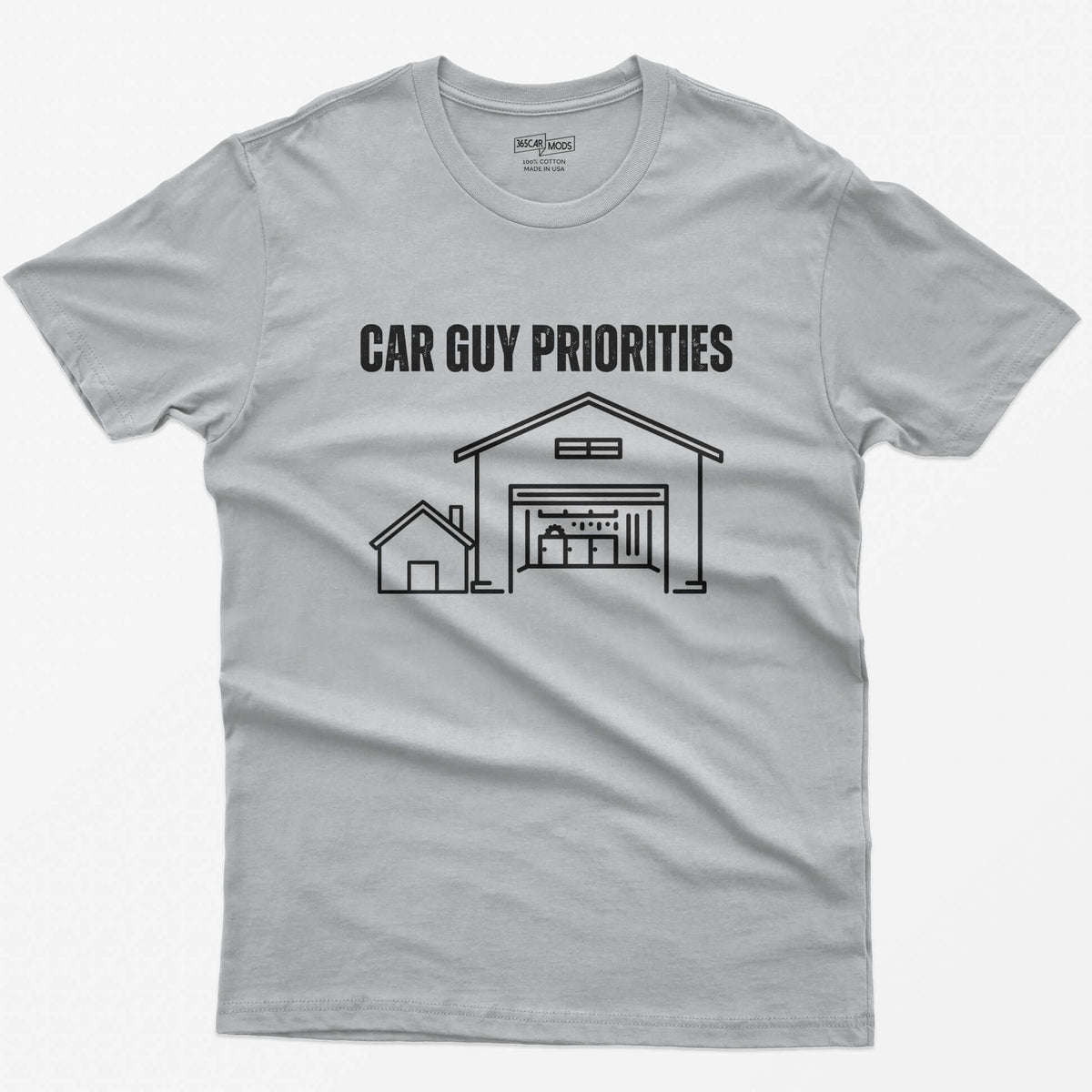 Sport Grey t-shirt with Car Guy Priorities and a line drawing of a tiny house beside a huge garage with a car on a lift