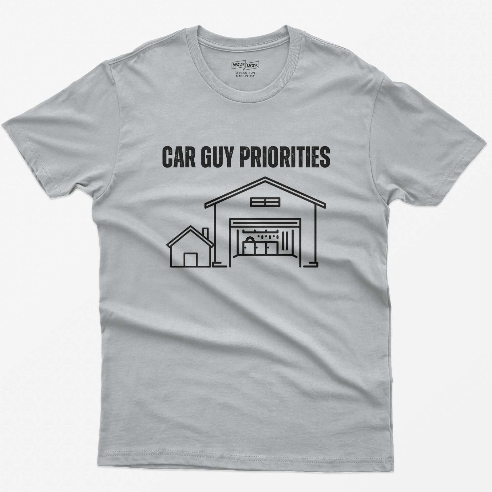 Sport Grey t-shirt with Car Guy Priorities and a line drawing of a tiny house beside a huge garage with a car on a lift