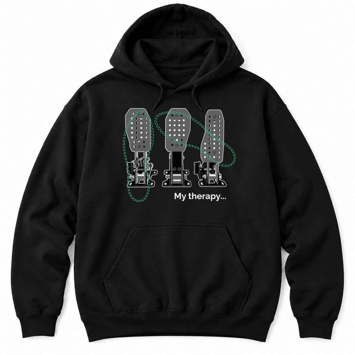 Black hoodie with three drilled race pedals, green dashed heel-toe footprints and the words My therapy...