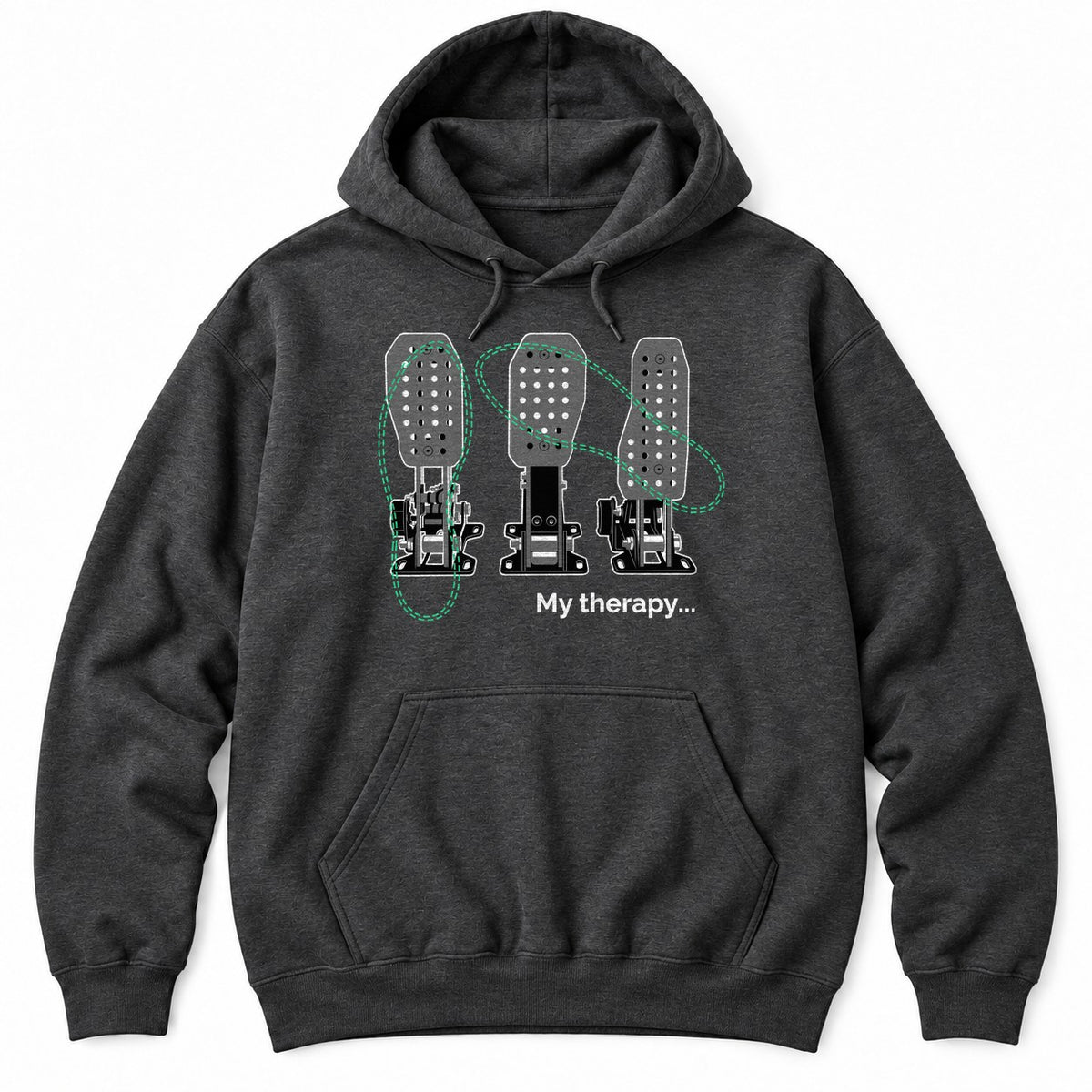 Dark Heather hoodie with three drilled race pedals, green dashed heel-toe footprints and the words My therapy...