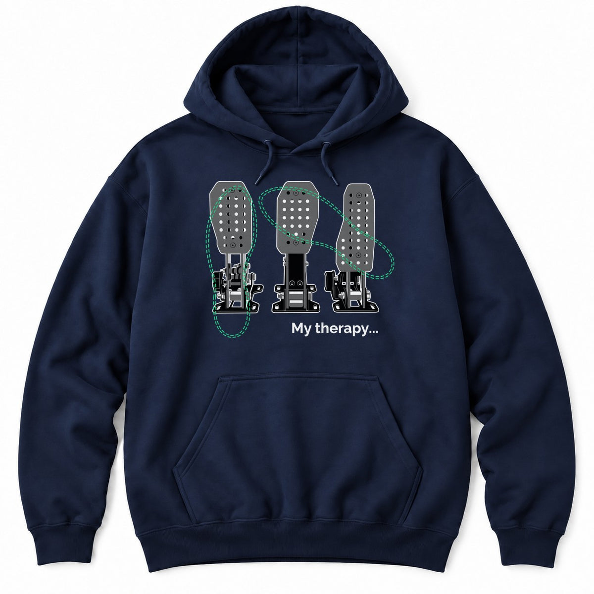Navy hoodie with three drilled race pedals, green dashed heel-toe footprints and the words My therapy...