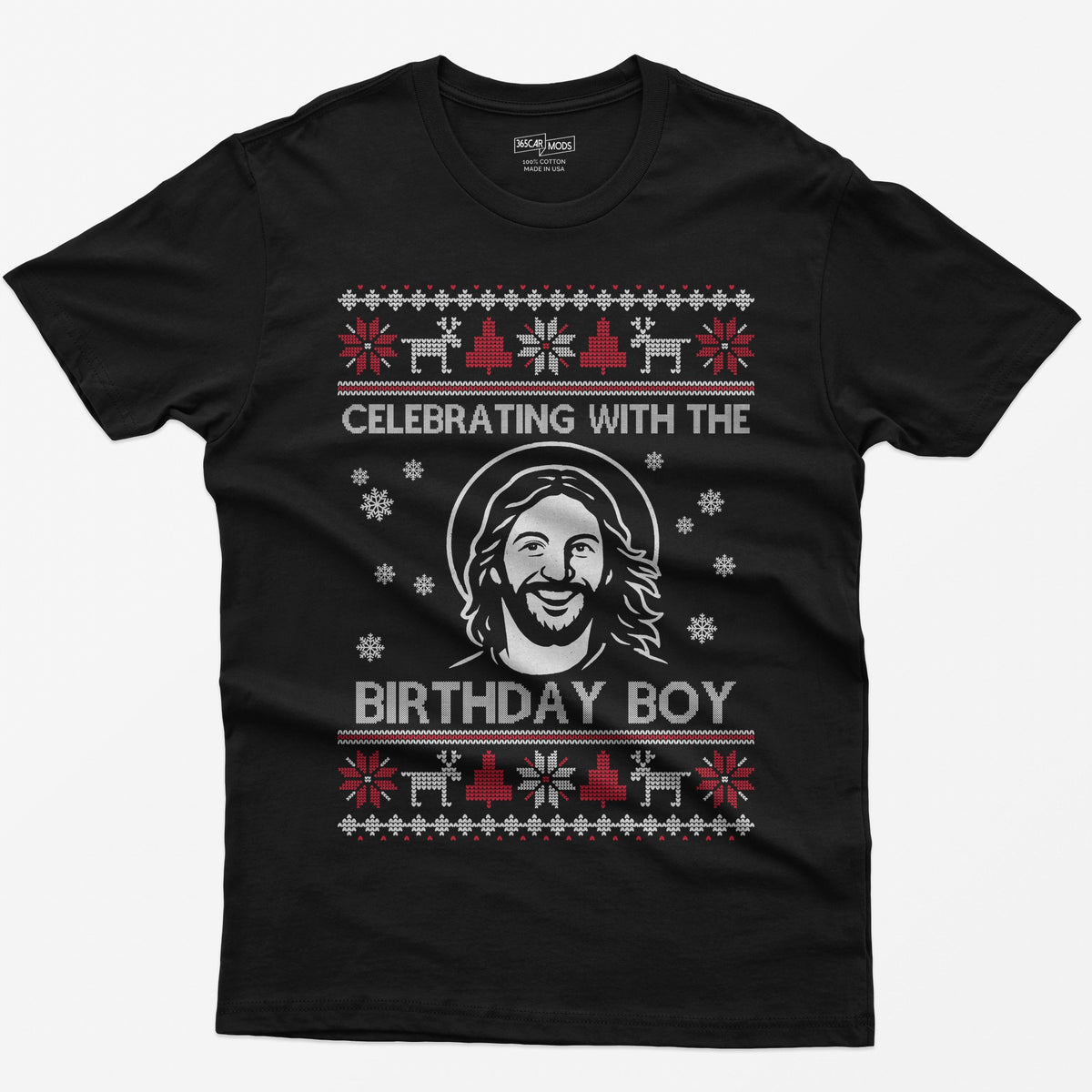 Black t-shirt with ugly sweater style print of a smiling Jesus with halo and the words Celebrating With The Birthday Boy