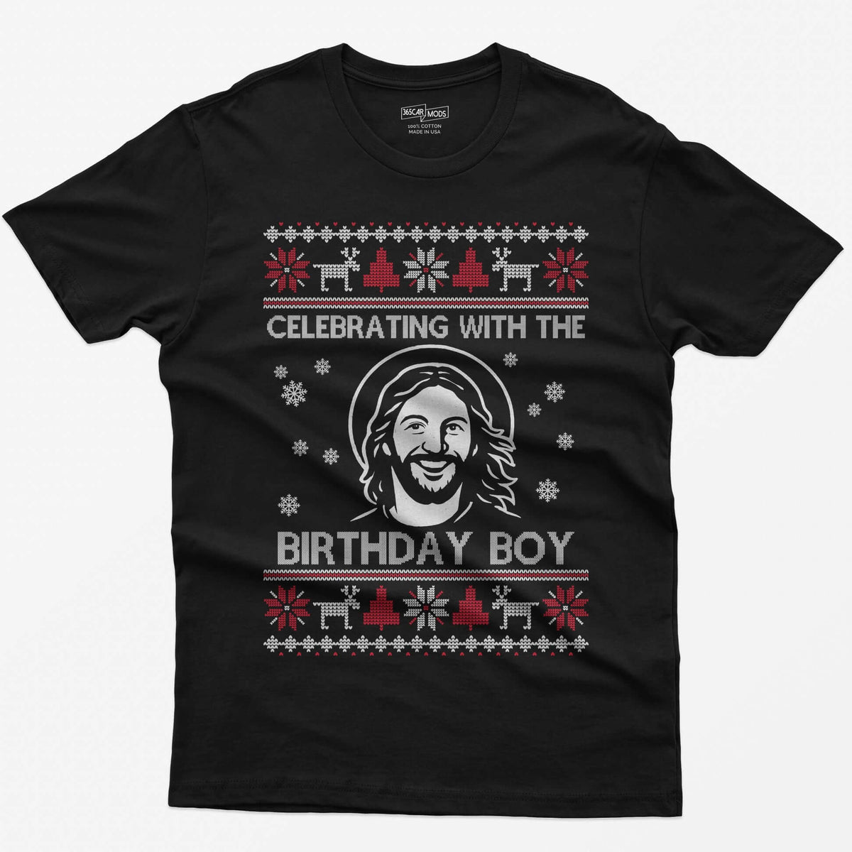 Black t-shirt with ugly sweater style print of a smiling Jesus with halo and the words Celebrating With The Birthday Boy