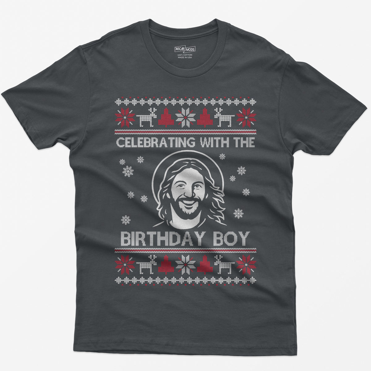 Charcoal t-shirt with ugly sweater style print of a smiling Jesus with halo and the words Celebrating With The Birthday Boy