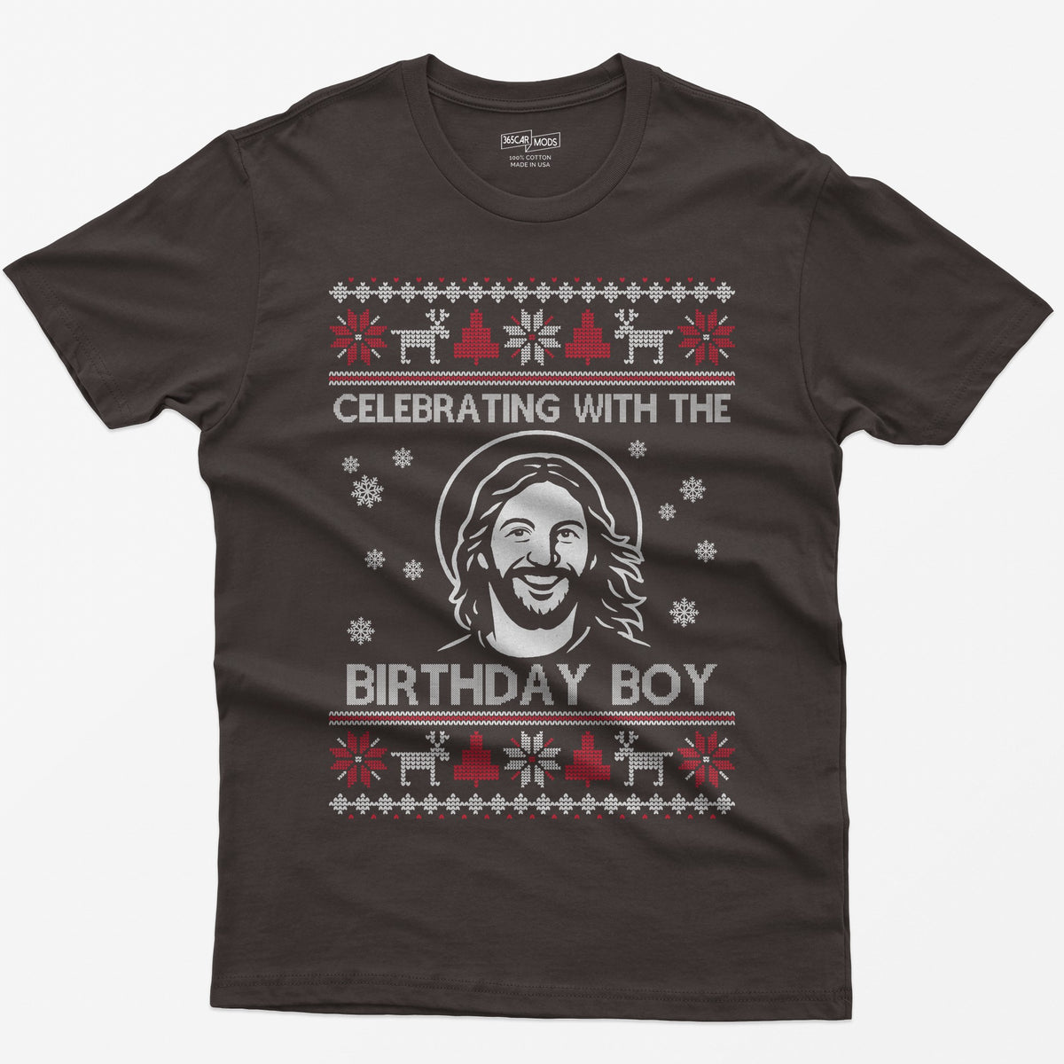 Dark Chocolate t-shirt with ugly sweater style print of a smiling Jesus with halo and the words Celebrating With The Birthday Boy
