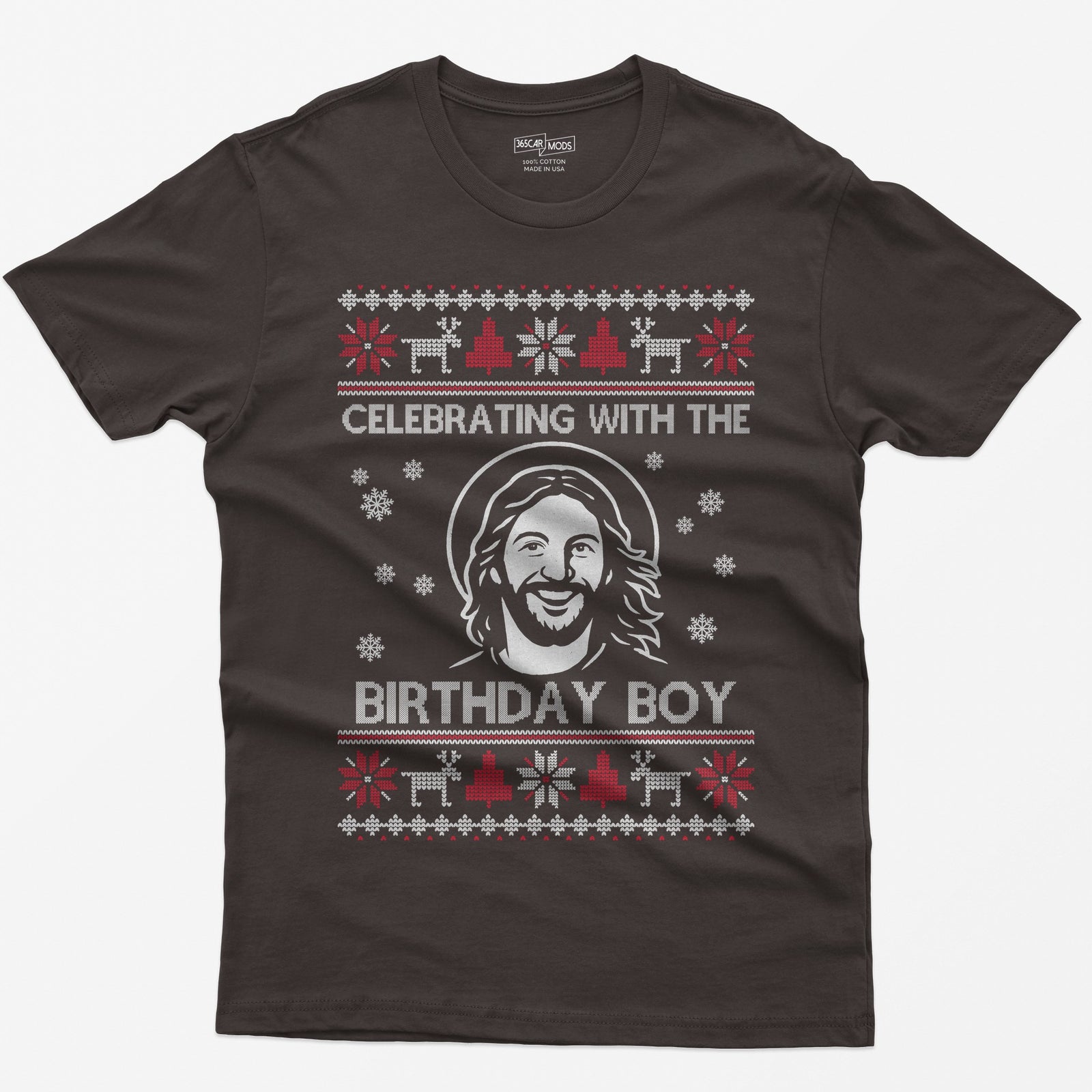 Dark Chocolate t-shirt with ugly sweater style print of a smiling Jesus with halo and the words Celebrating With The Birthday Boy
