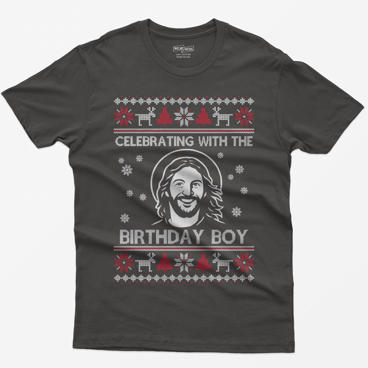 Dark Heather t-shirt with ugly sweater style print of a smiling Jesus with halo and the words Celebrating With The Birthday Boy